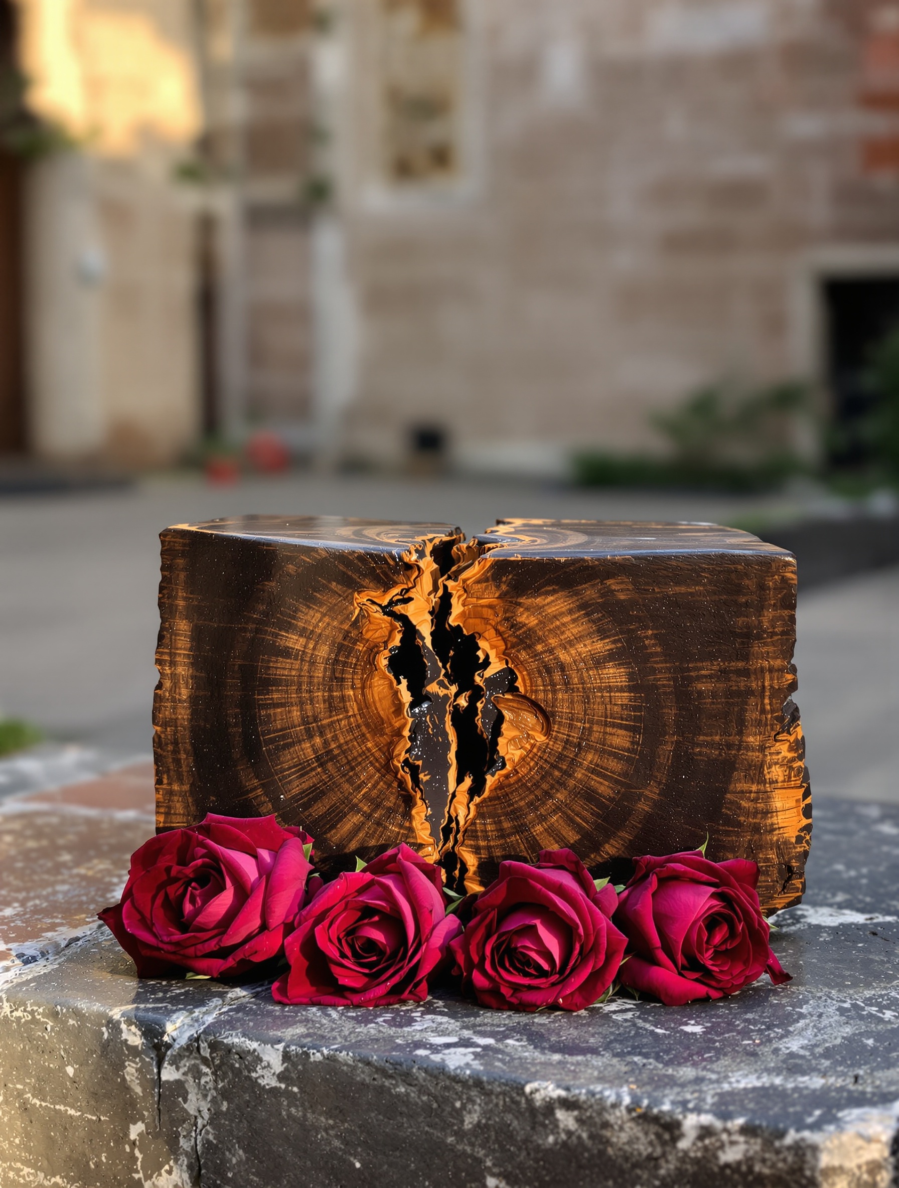 A split block of dark agarwood with four crimson rose heads pressed against its resin-soaked core on ancient stone at dusk.