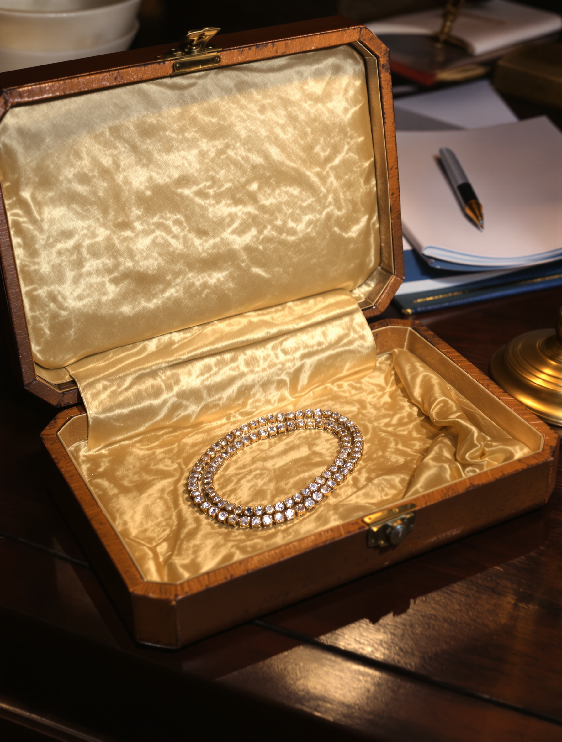 A worn leather jewel case open on a dark writing table, an old rivière necklace coiled inside aged ivory silk, one diamond catching lamplight differently from the rest.