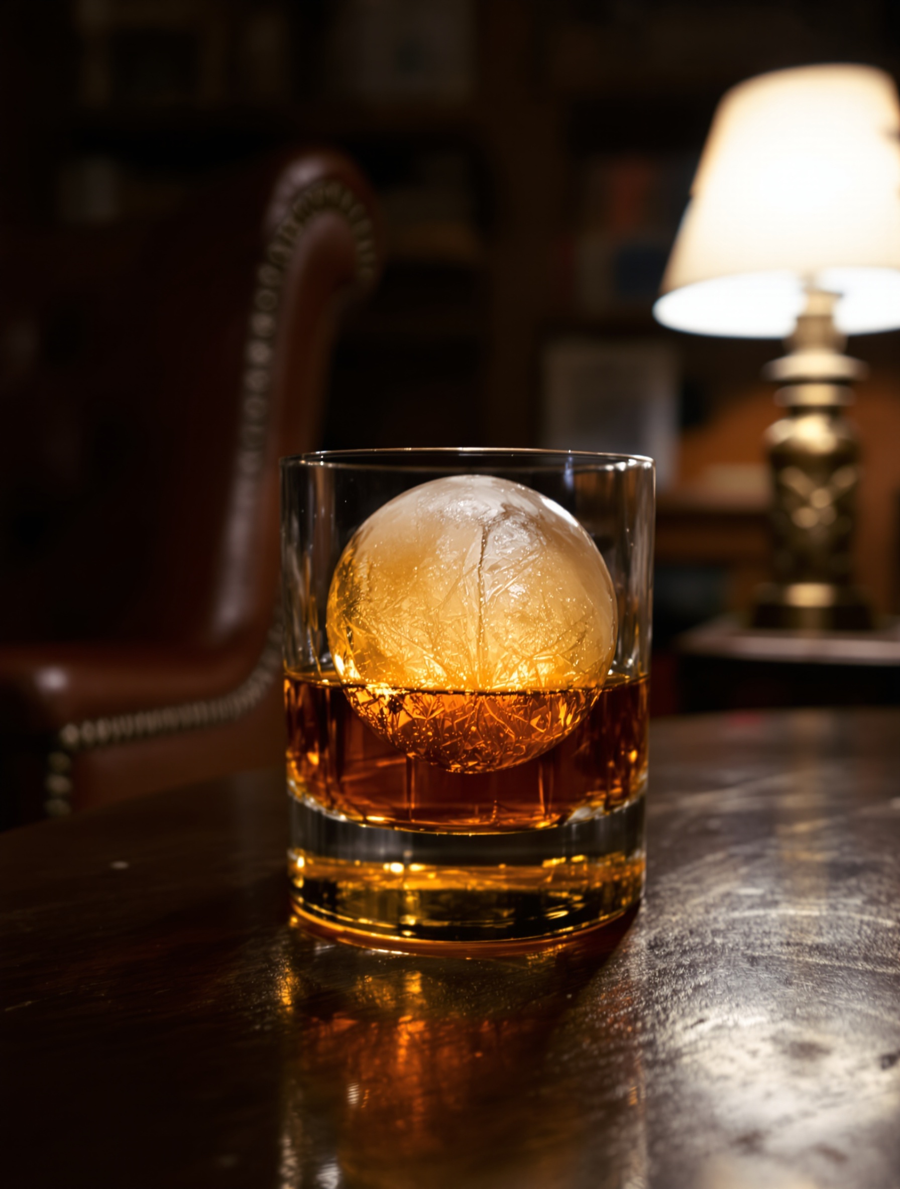 A crystal rocks glass with a large melting ice sphere suspended in deep amber cognac glows under warm lamplight on a mahogany table in a shadowed private study.