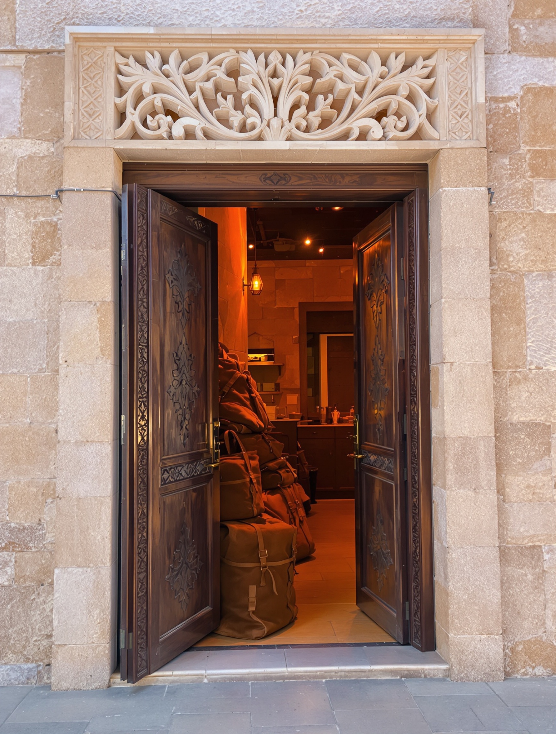 A half-open carved wooden door in Nizwa at dusk, warm amber lamplight spilling onto ancient limestone as aged suede saddlebags rest against a smoke-darkened stone wall inside.
