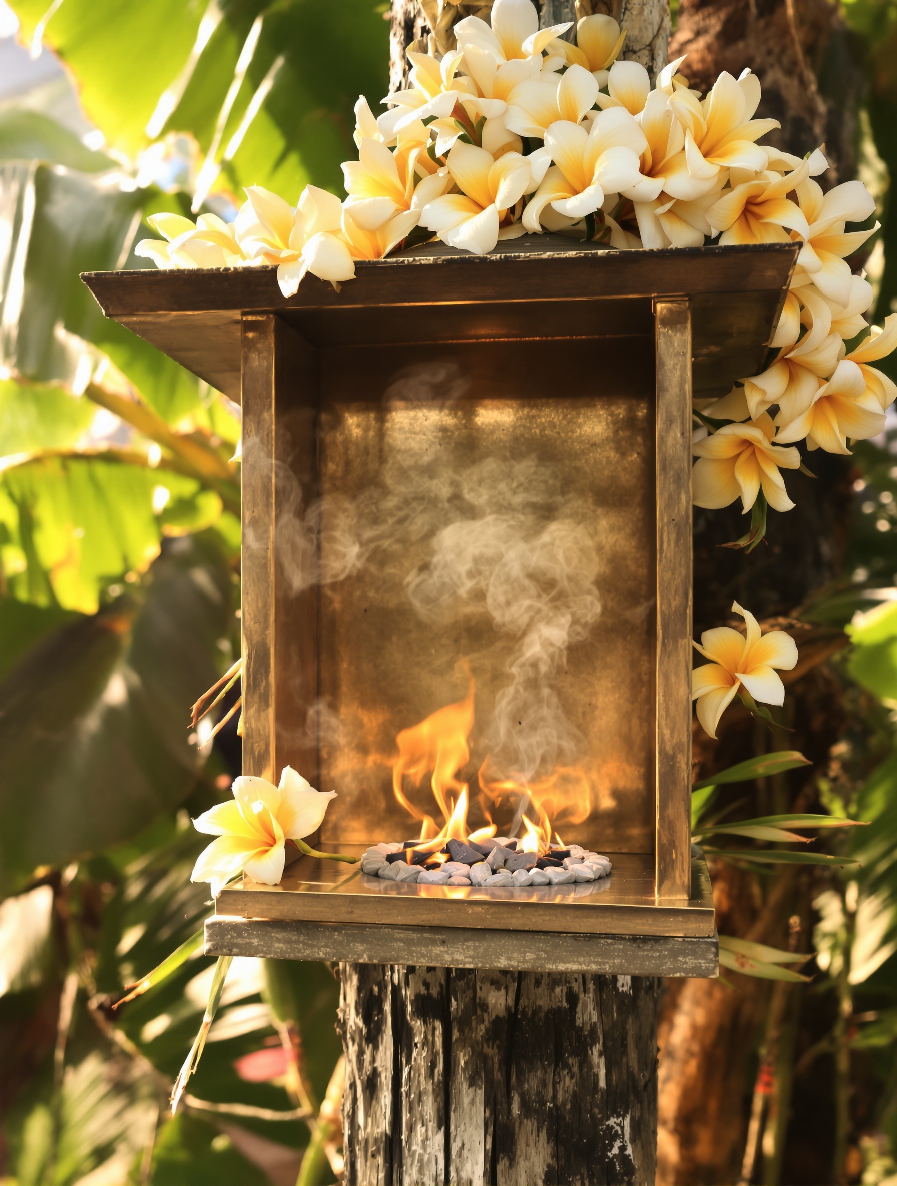 A brass roadside spirit house in Chiang Mai draped with frangipani garlands, wisps of incense smoke rising from glowing embers into warm morning haze.