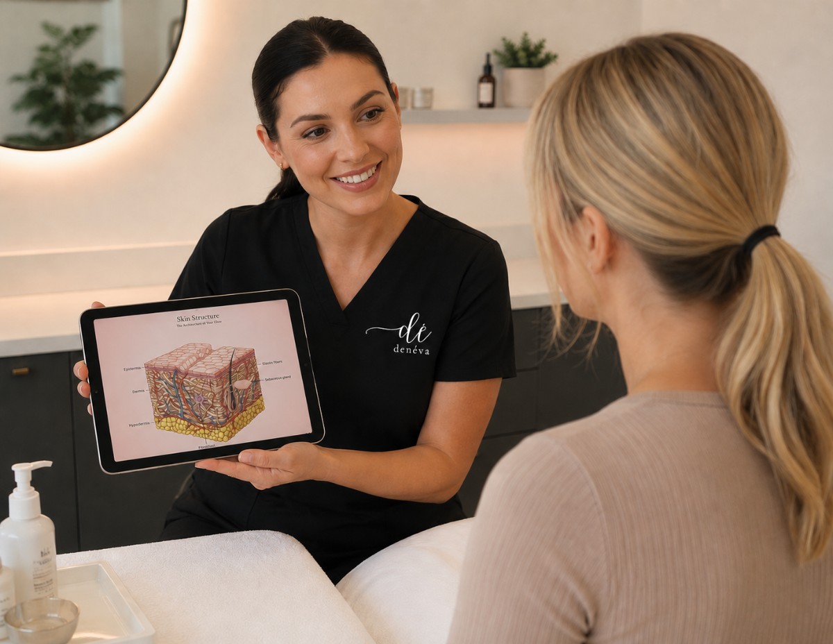 Esthetician showing Understanding the Science of Skin Health to client