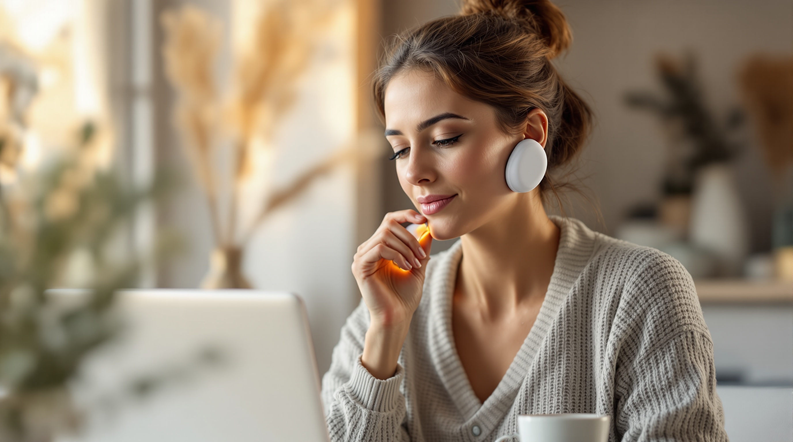 A woman wearing a small white jaw massage device while working at her laptop