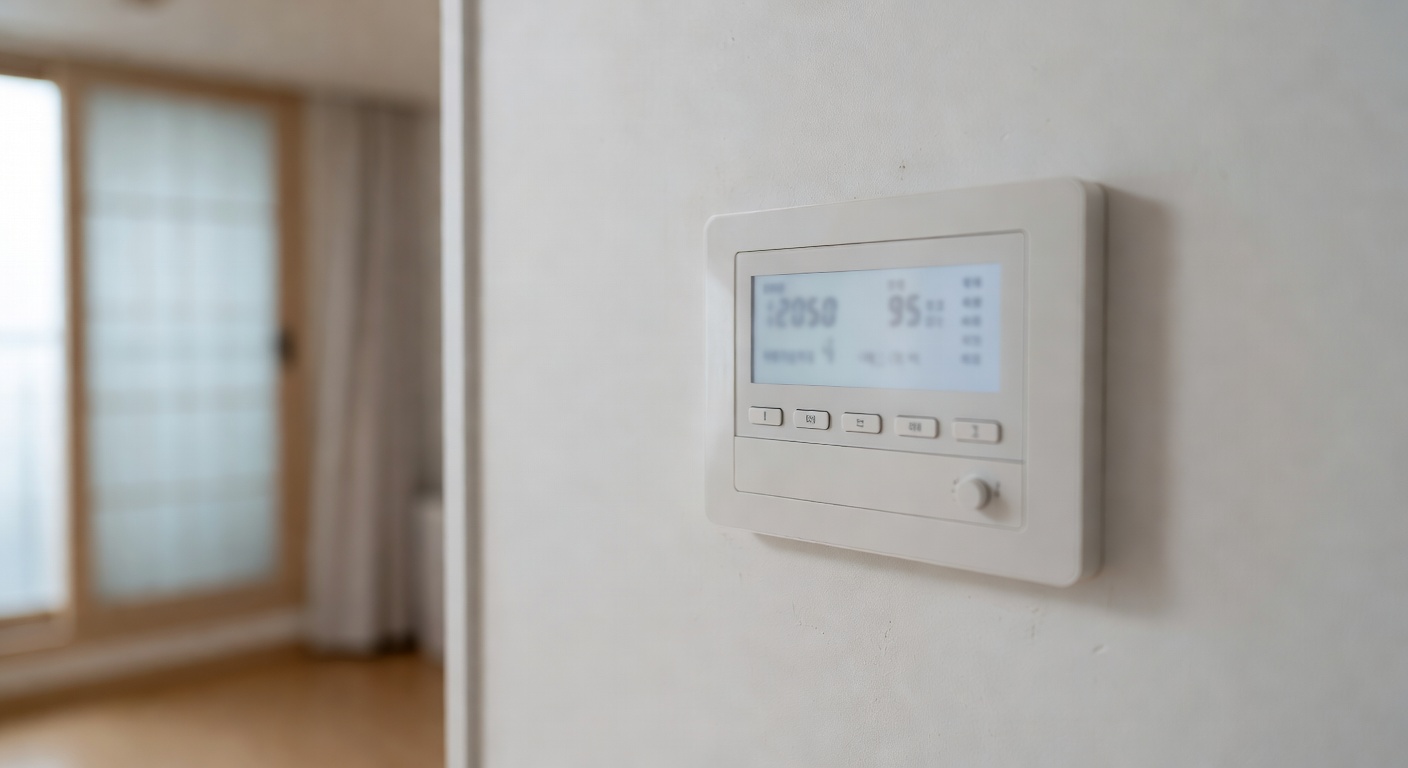 apartment boiler control panel mounted on a white wall showing temperature settings