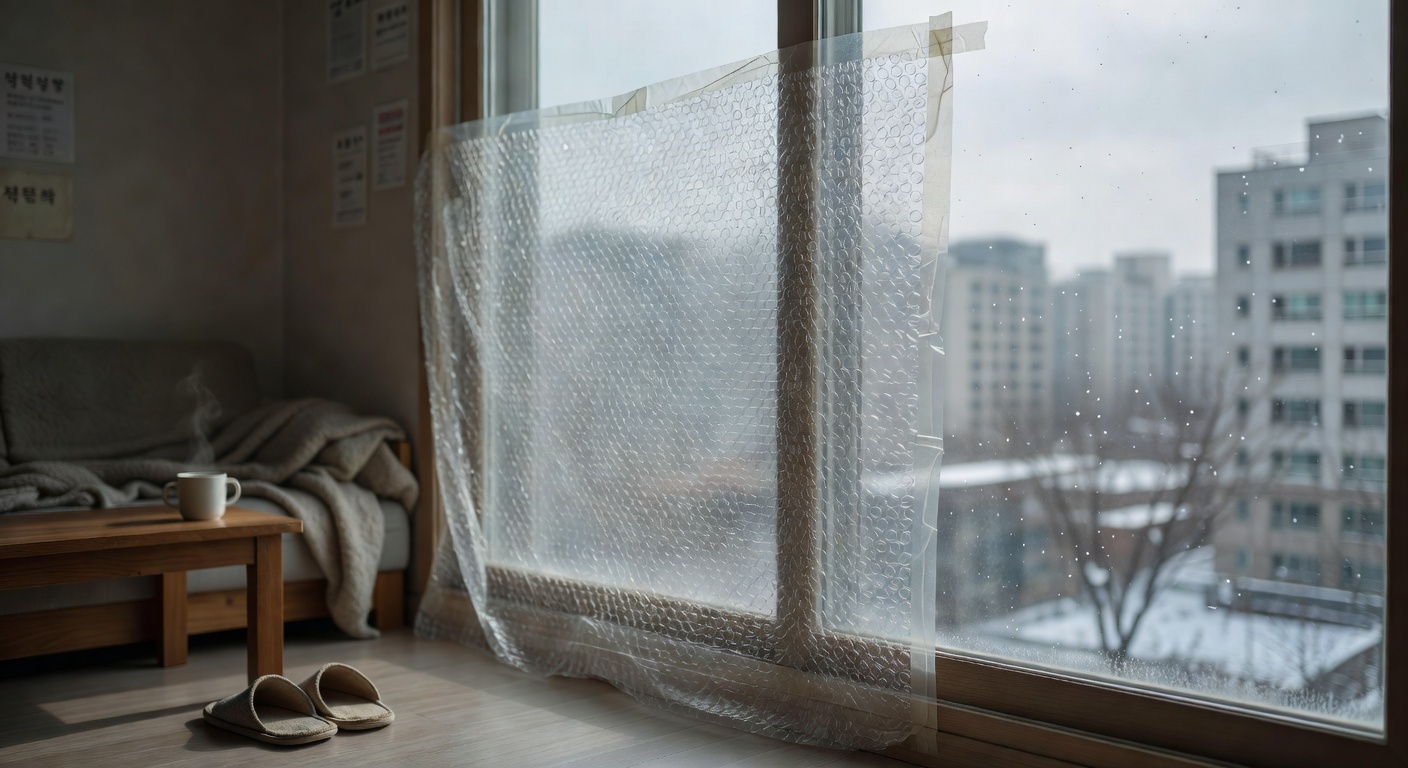 window with bubble wrap insulation film attached, interior apartment setting in winter
