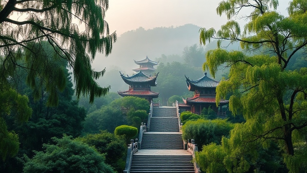 Temple bouddhiste Tanzhe Si dans les collines boisées à l'ouest de Pékin, toits en tuiles vernissées