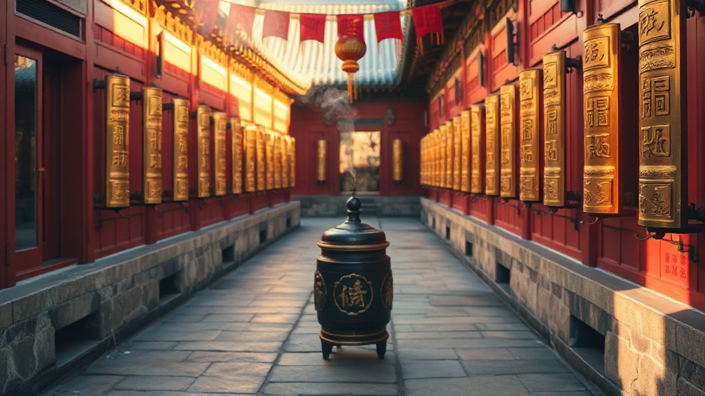 Cour intérieure de la lamaserie Yonghe Gong à Pékin, moulins à prières dorés et brûleur d'encens