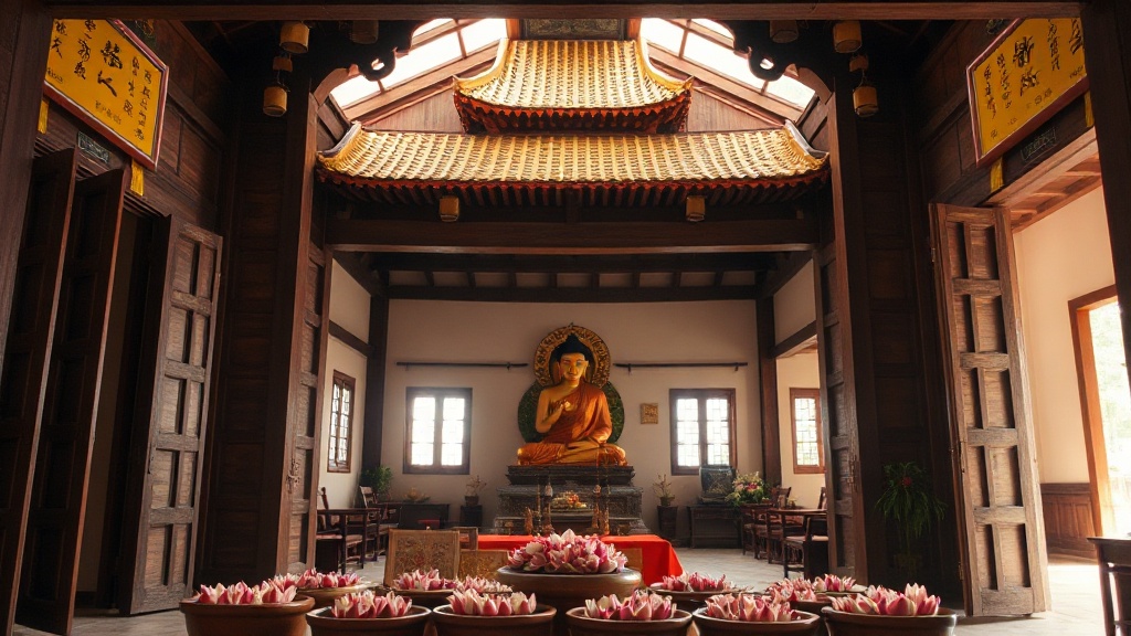 Intérieur d'un temple Theravâda du Yunnan avec offrandes de lotus sur un autel doré