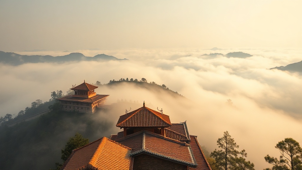 Vue brumeuse sur les toits des monastères de Wutai Shan au lever du soleil