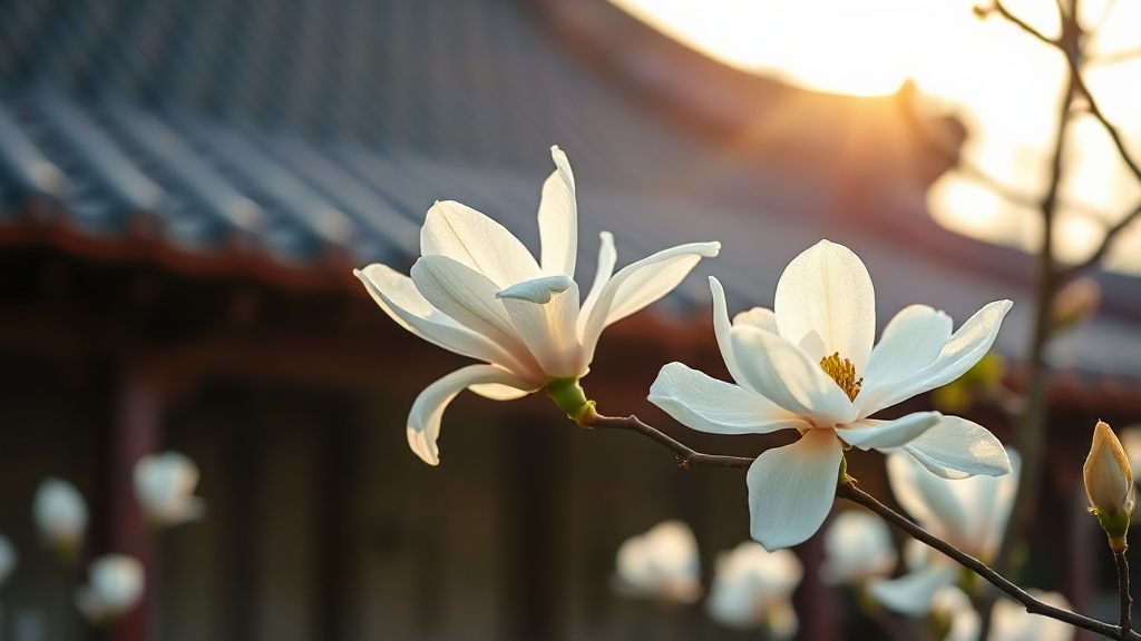 Fleurs de magnolia yulan en pleine floraison devant les toitures vernissées du temple Dajue au printemps