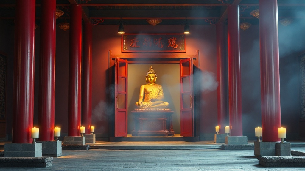 Grande salle du Dharma d'un temple Chan chinois avec colonnes laquées rouges et statue de Shakyamuni