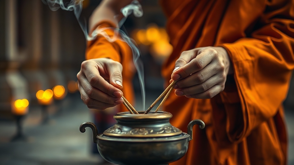 Mains tenant des bâtons d'encens au-dessus d'un brûloir en bronze dans un temple bouddhiste