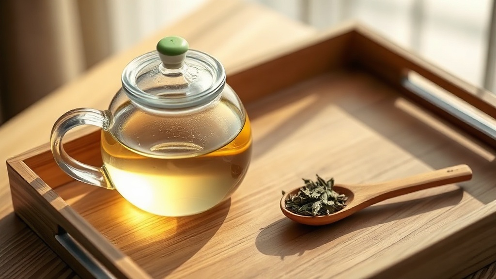 Théière en verre avec anse en bambou posée sur un plateau en bois, à côté d'une tasse et de feuilles de thé