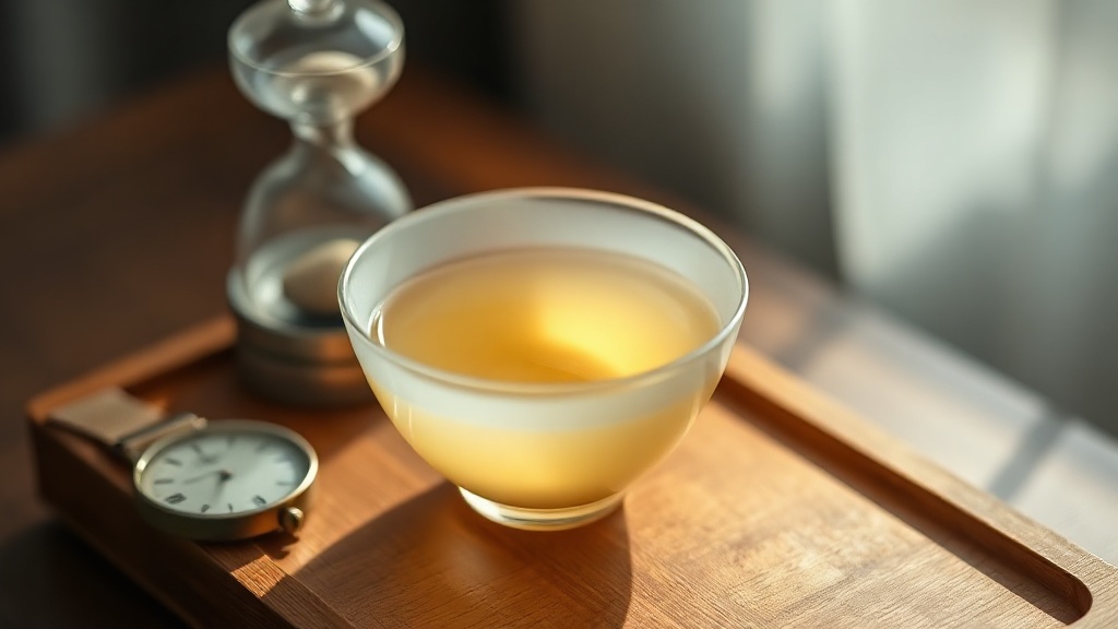 Tasse de sencha japonais dorée sur un plateau en bois avec un minuteur pour contrôler l'infusion