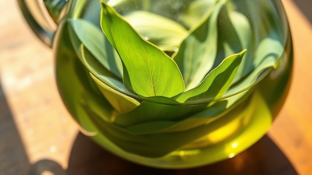 Feuilles de thé vert en train de s'ouvrir dans une théière en verre remplie d'eau chaude