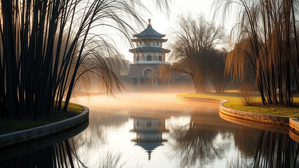 La pagode du temple Zishou aperçue à travers les bambous et saules du parc Zizhuyuan à Beijing