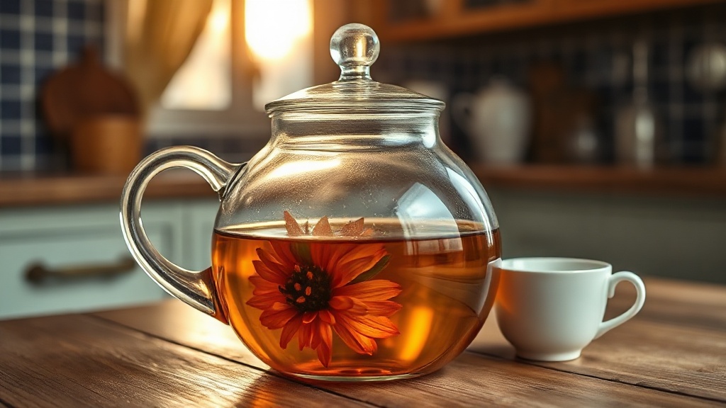 Boule de thé fleuri qui s'ouvre dans une théière en verre, pétales visibles à travers le verre transparent