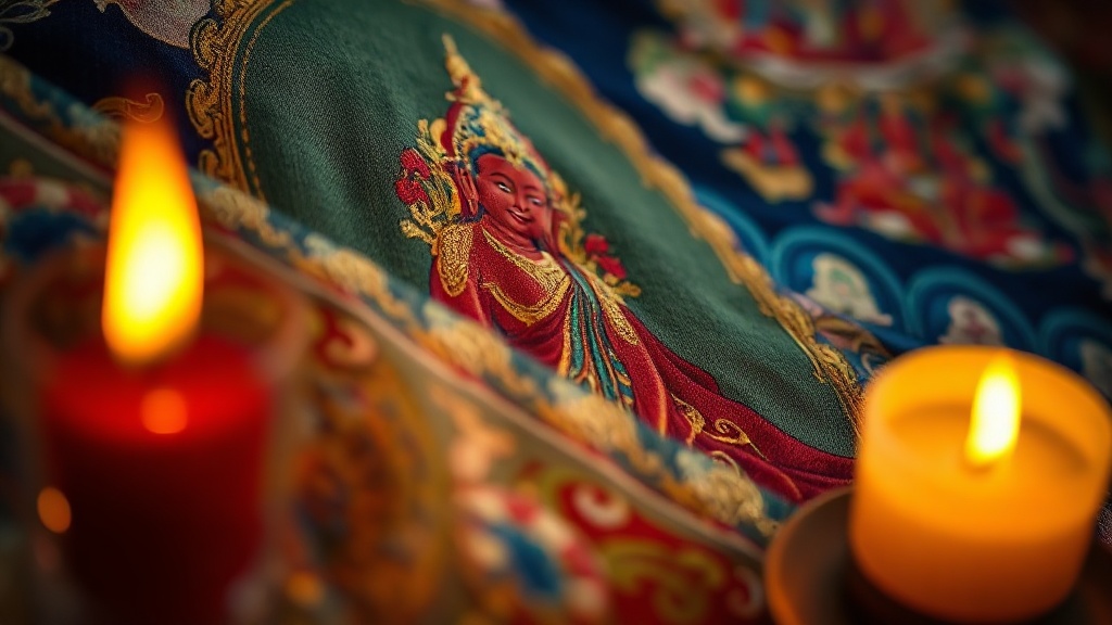 Détail d'une thangka tibétaine ancienne représentant une déité de la lignée Kagyu