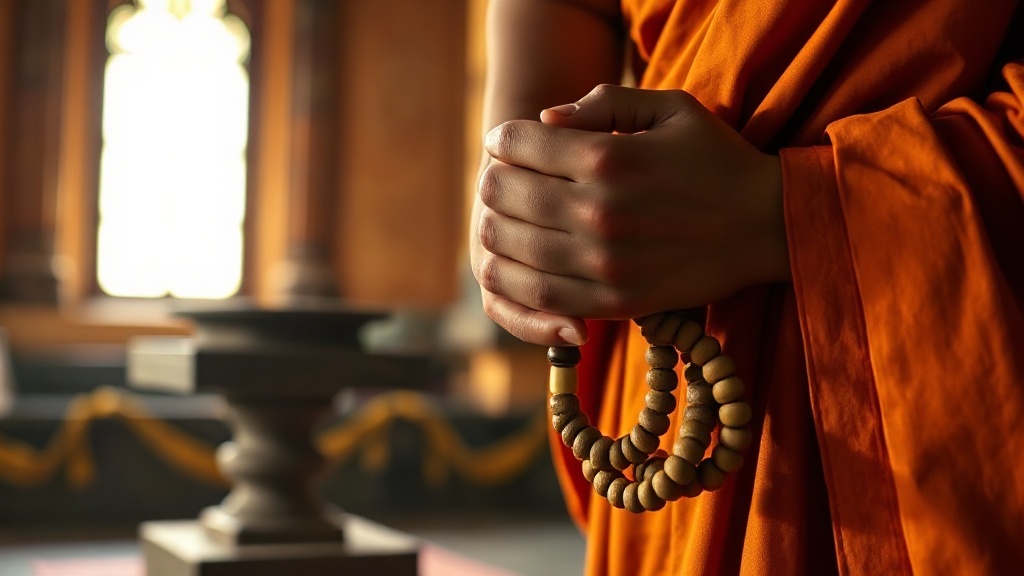 Mains d'un moine bouddhiste tenant un mala en bois lors d'une session de récitation au monastère