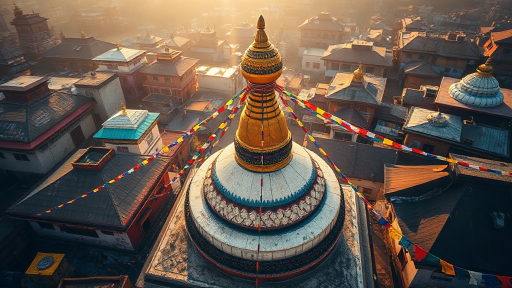 Vue aérienne du stupa de Boudhanath entouré des toits de monastères tibétains à Katmandou