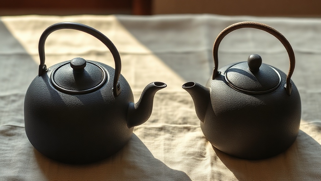 Comparaison de deux théières en fonte : modèle japonais avec anse en arc et modèle chinois avec anse latérale