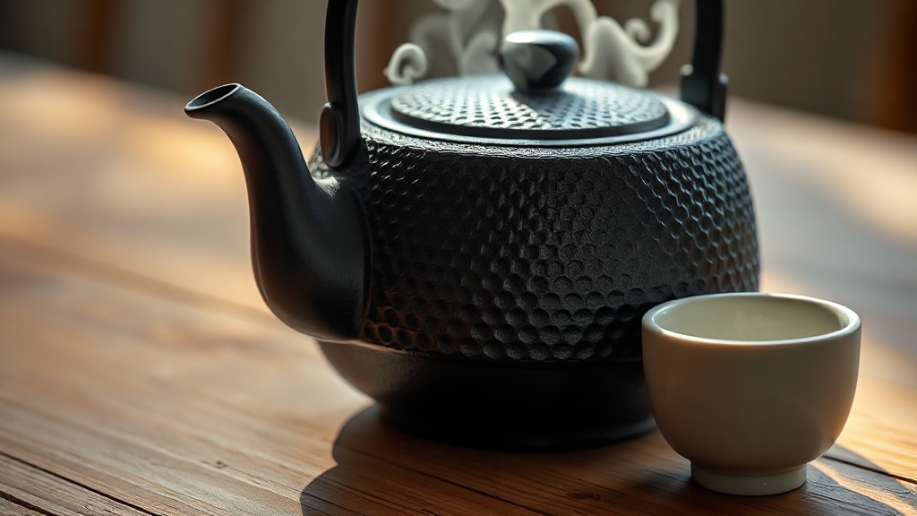 Théière tetsubin en fonte japonaise avec anse en arc et surface texturée posée sur une table en bois