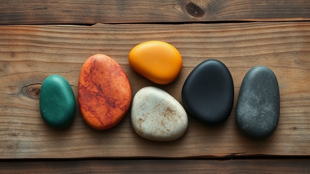 Five colored stones representing the five feng shui elements: Wood, Fire, Earth, Metal, and Water