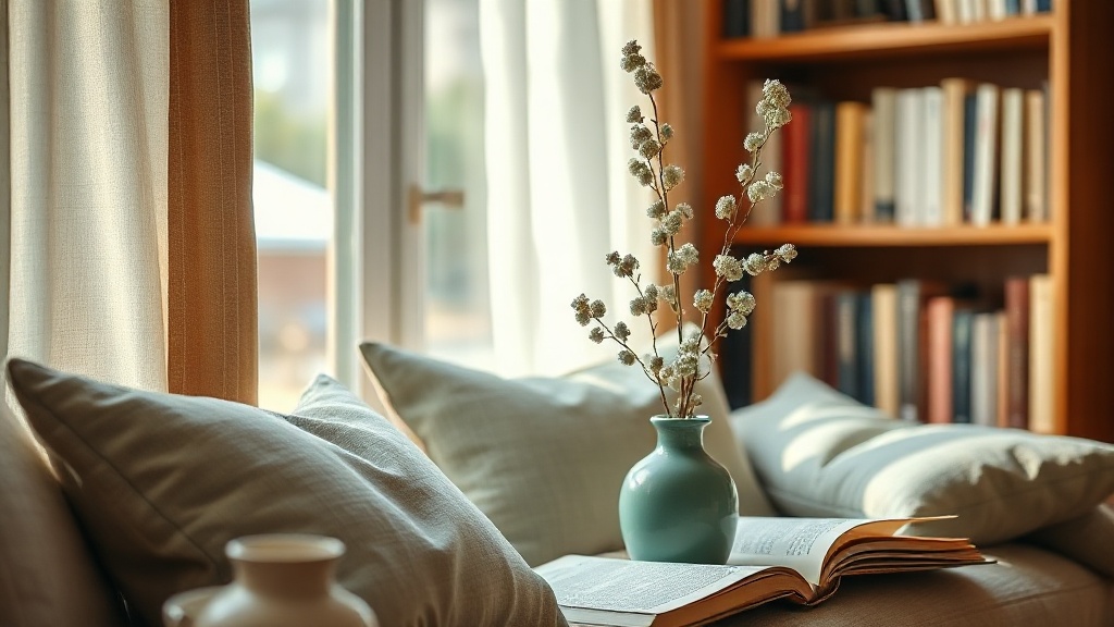 Cozy reading corner decorated in Wood-element green and teal tones, with natural linen and ceramic accents