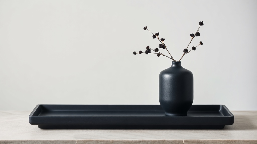 Dark navy vase and black lacquered tray illustrating Water-element feng shui color palette