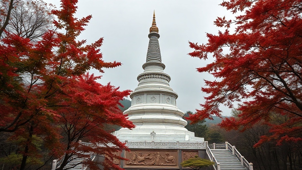 Le grand stupa à Vajra en marbre blanc du Temple Biyun, entouré d'érables en automne
