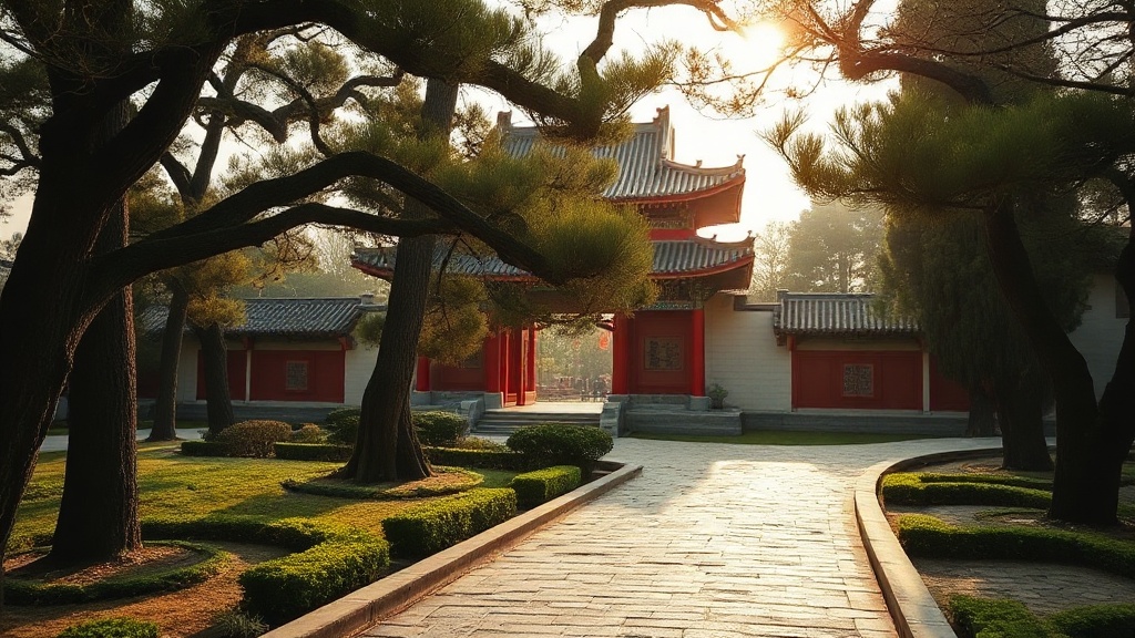 Allée pavée menant au portail principal du Temple Biyun, entourée de pins centenaires