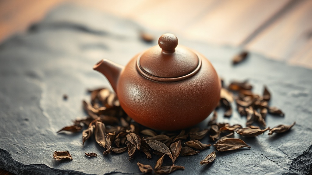 Petite théière en argile de Yixing couleur rouge brique entourée de feuilles de thé oolong