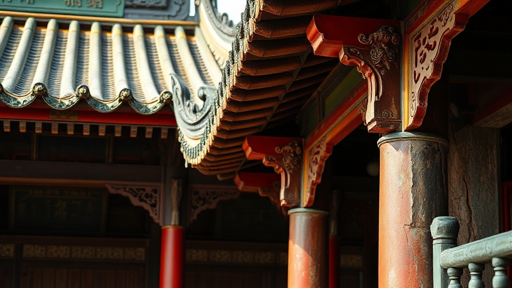 Détail architectural des avant-toits sculptés et tuiles vernissées d'un hall du Temple Biyun