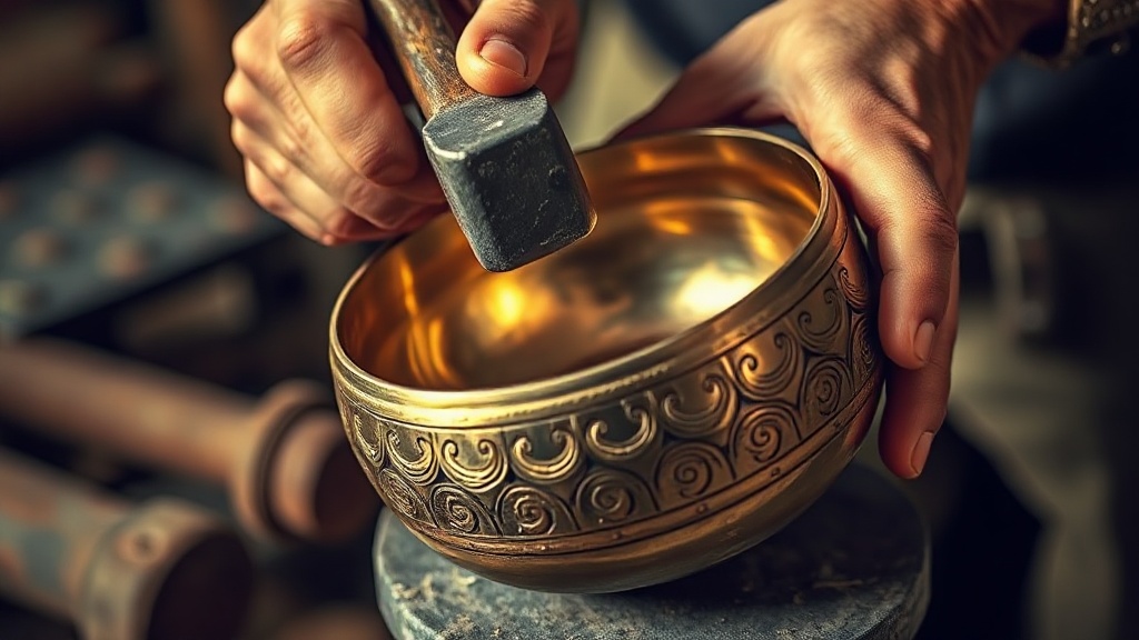 Newar craftsman hand-hammering a bronze singing bowl in a traditional metalworking workshop, Nepal