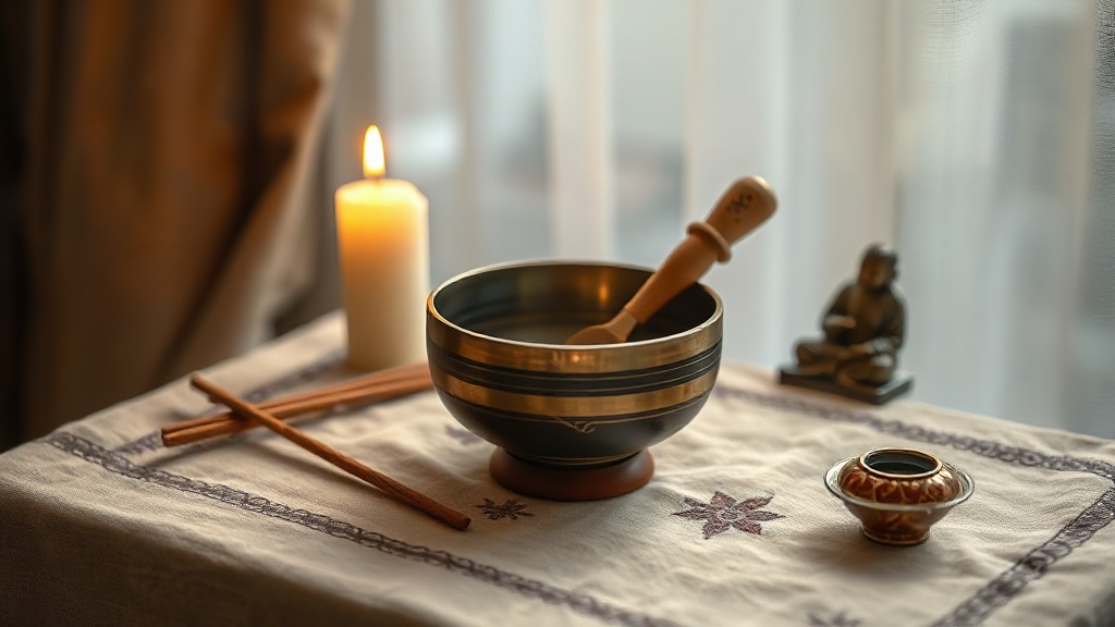 Bronze singing bowl on a Buddhist altar beside incense and a dorje ritual implement, warm candlelight
