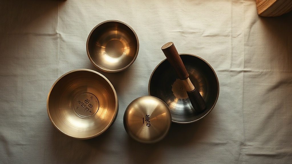 Three singing bowls of different sizes and styles arranged on a linen surface, one engraved with Tibetan mantra script