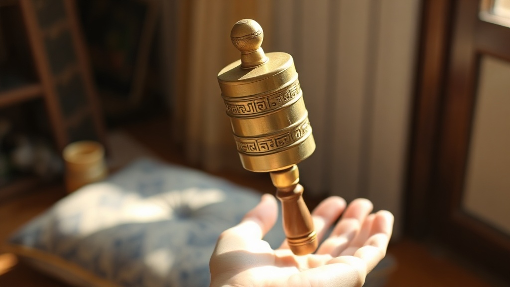 A hand holding a traditional Tibetan hand-held mani prayer wheel with wooden handle and brass cylinder