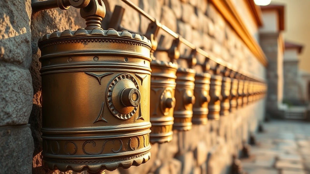 Row of large brass prayer wheels fixed along the exterior wall of a Tibetan Buddhist monastery
