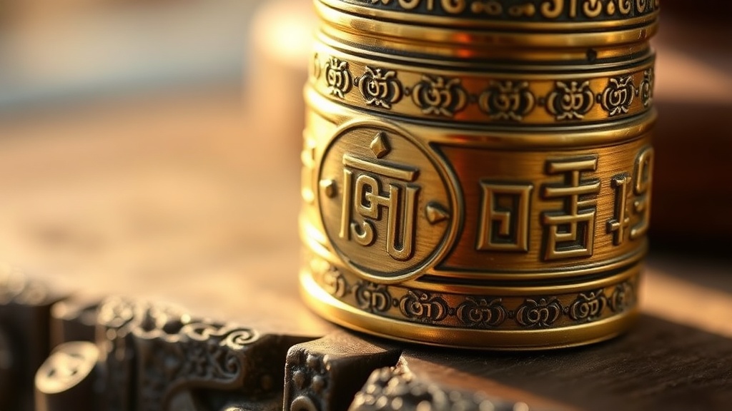 Detailed engraving of Om Mani Padme Hum mantra on a traditional Tibetan brass prayer wheel cylinder