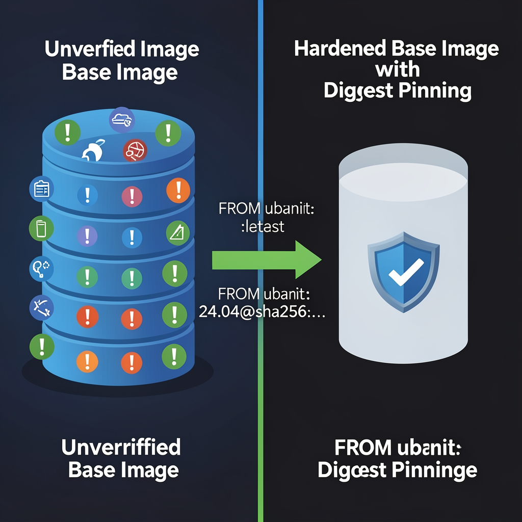 Before/after comparison: vulnerable base image with digest pinning and hardening showing dramatic CVE reduction