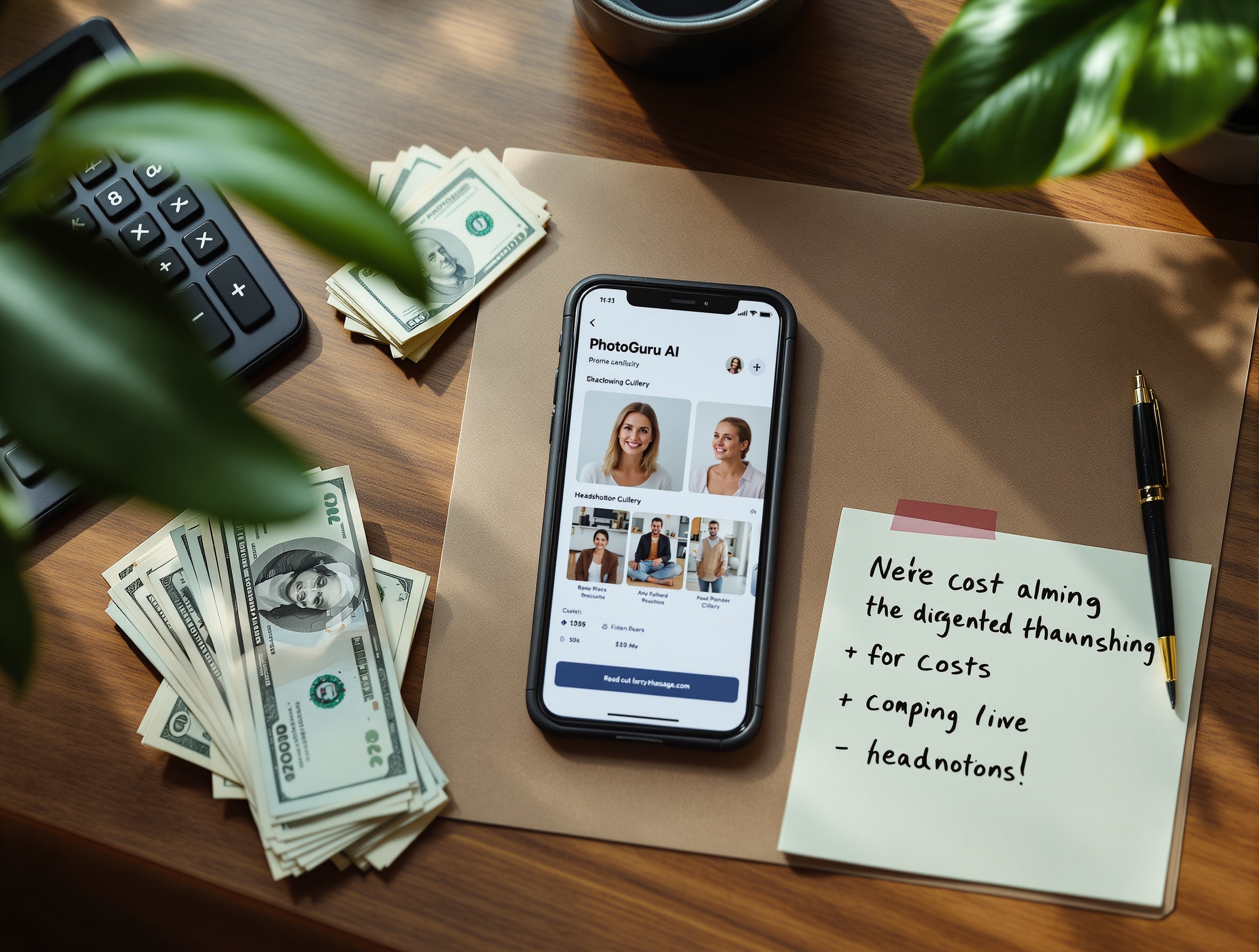 Cost comparison flat lay with calculator, cash, and smartphone showing AI headshots