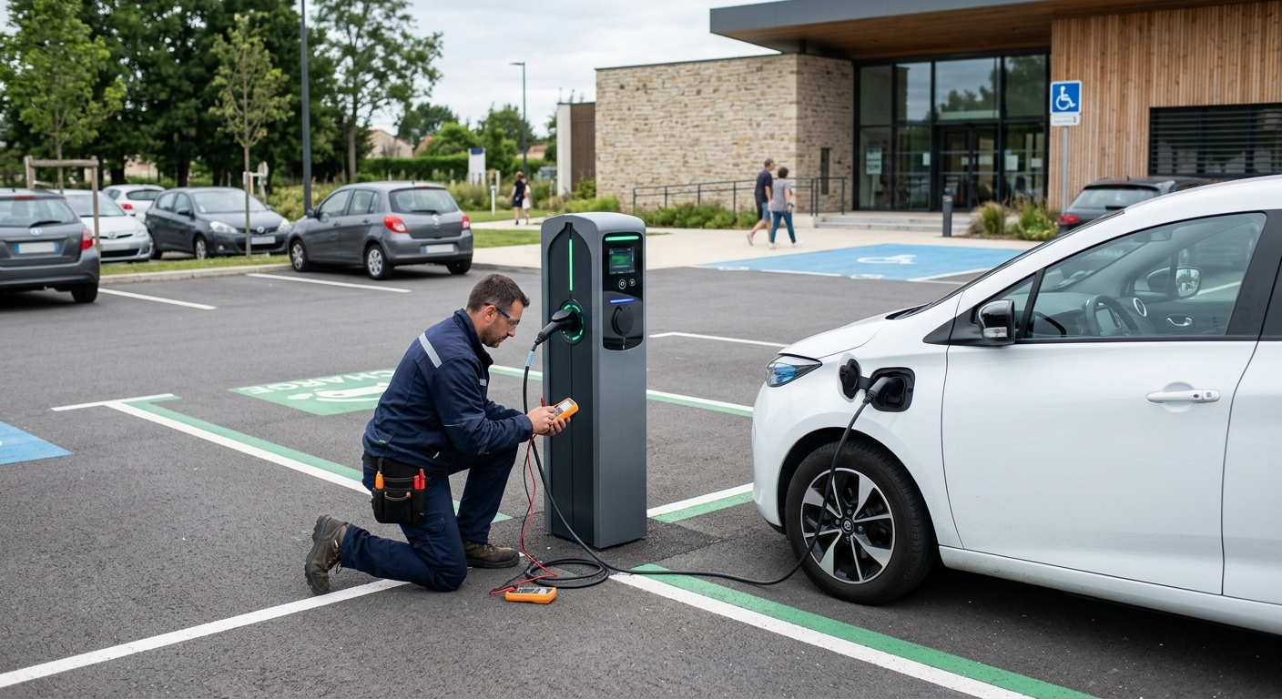 Borne de recharge électrique IRVE en fonctionnement dans un parking accessible d'un établissement recevant du public avec un installateur vérifiant les branchements