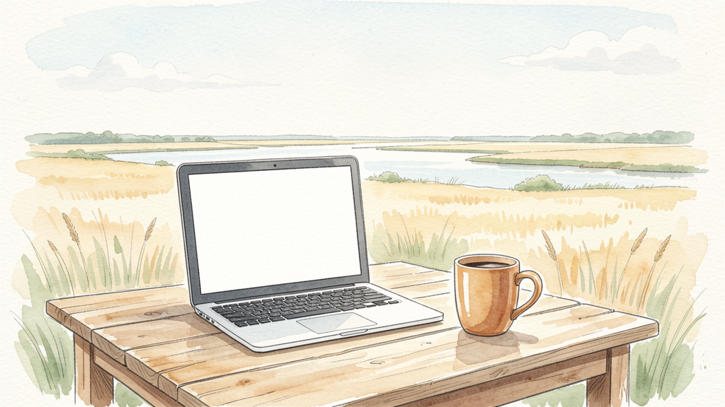 Aquarell-Editorial: Laptop und Kaffeetasse auf Holztisch vor weiten MV-Sommerfeldern – Webdesign für Direktvermarkter