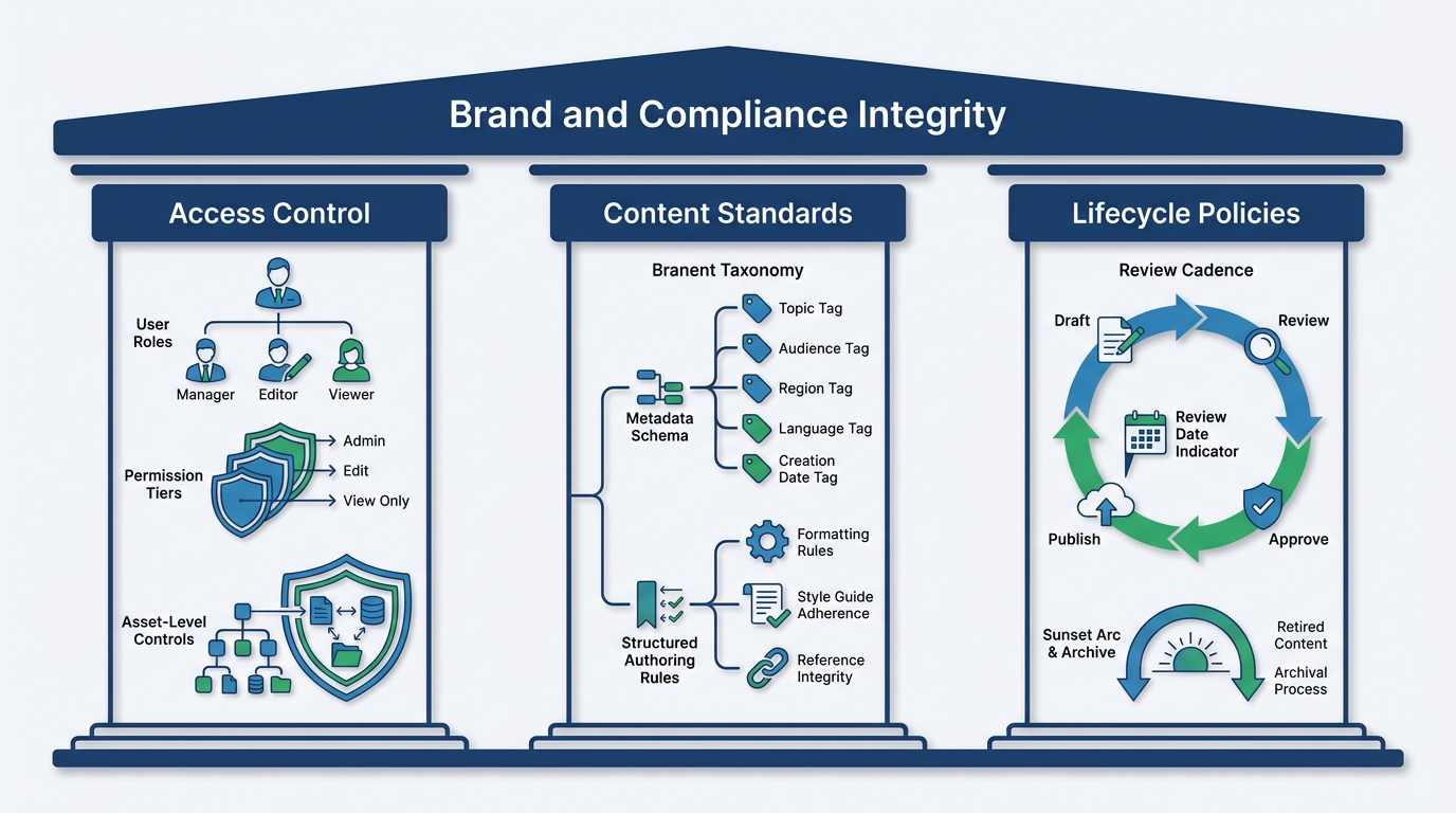 Three-pillar enterprise content governance framework diagram for marketing software