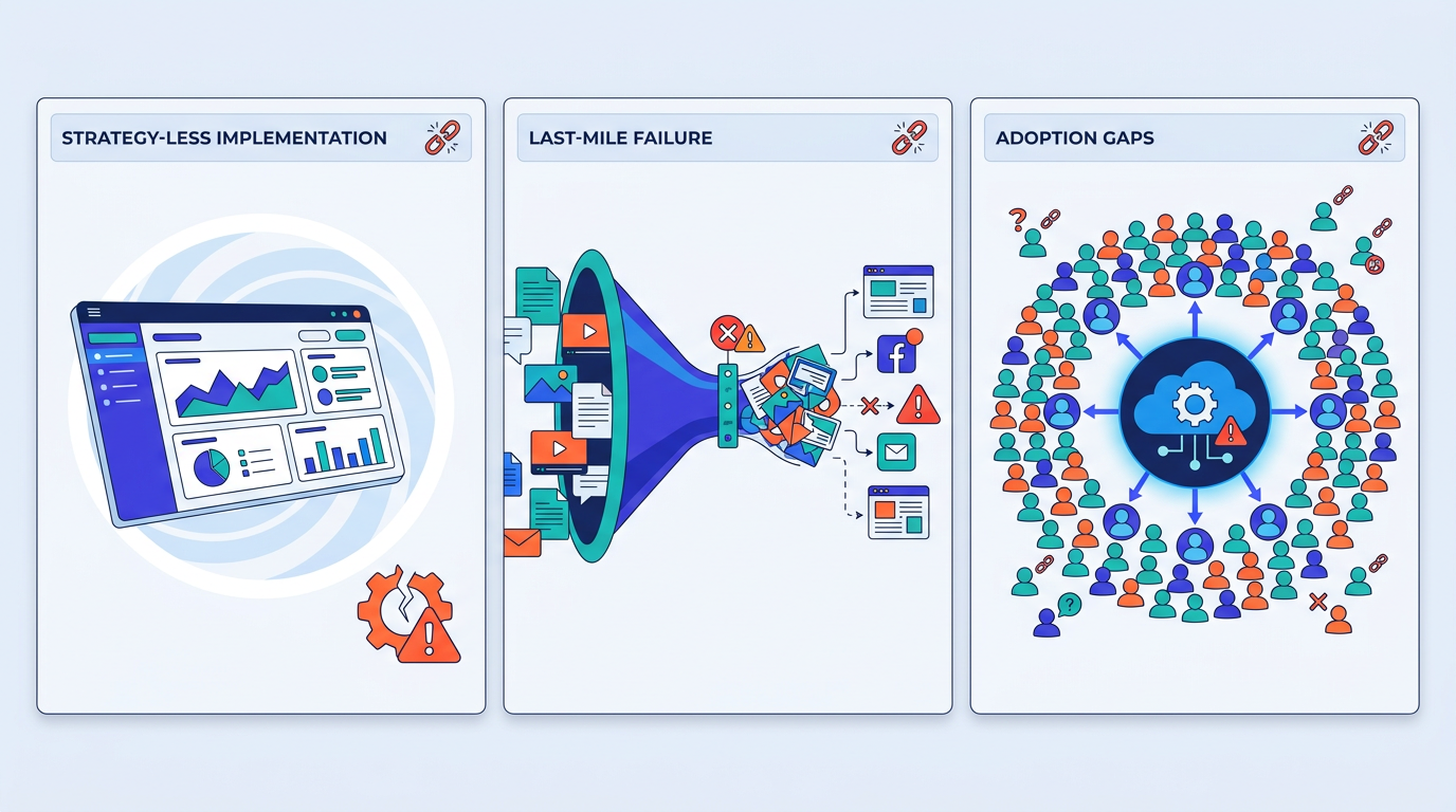 Three enterprise content ops failure modes illustrated in panels