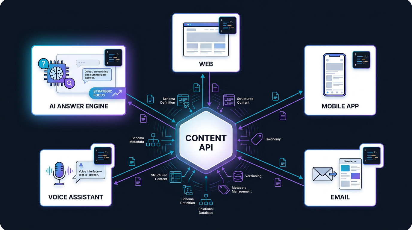 Composable content architecture diagram showing API hub delivering to five surfaces