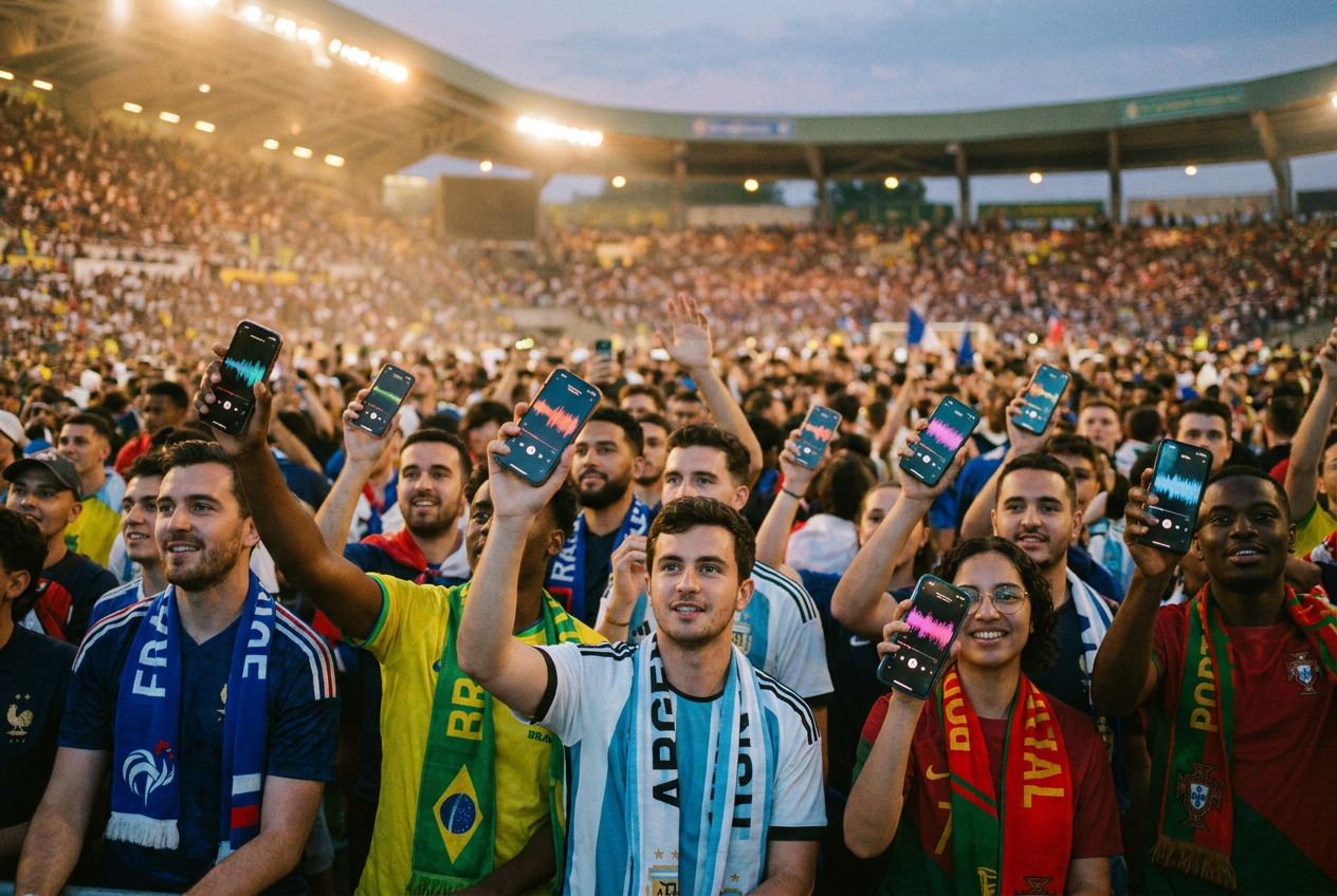 alt text: Football fans in a crowded stadium holding up phones with AI music waveforms on screen, national team scarves visible