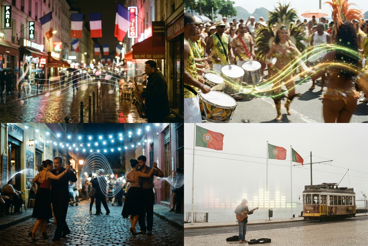 alt text: Split-screen showing AI music video scenes from different countries with national colors and cultural elements