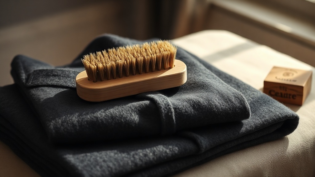 Cashmere brush and cedar block beside a folded double face cashmere coat for seasonal care