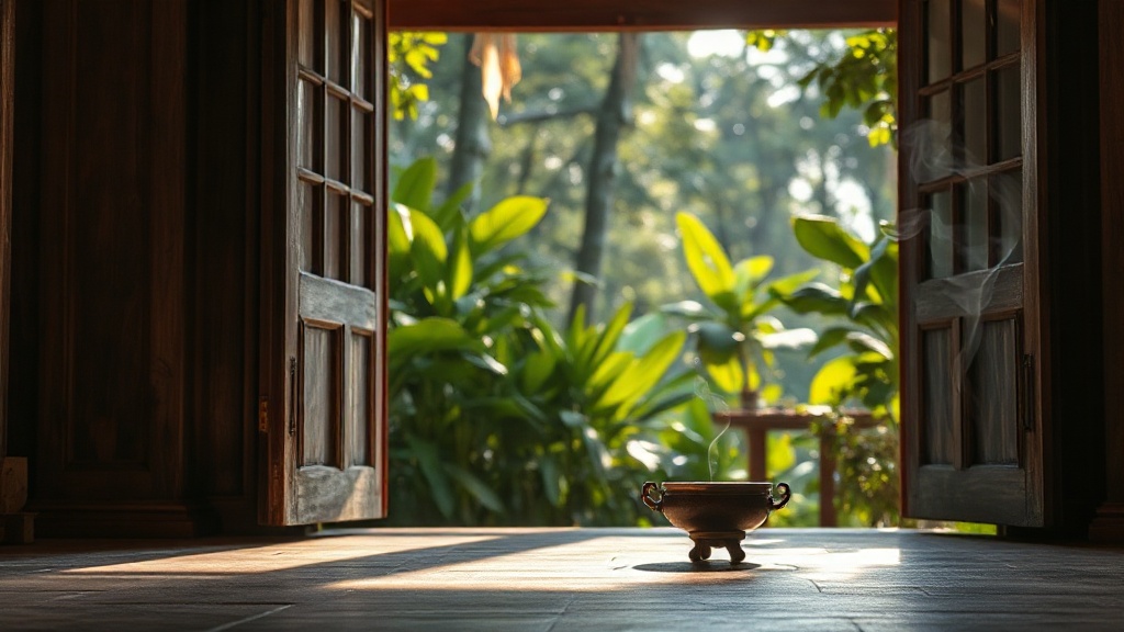 Porte en bois d'un temple bouddhiste ouvert sur la nature tropicale, centre de retraite Vipassanā
